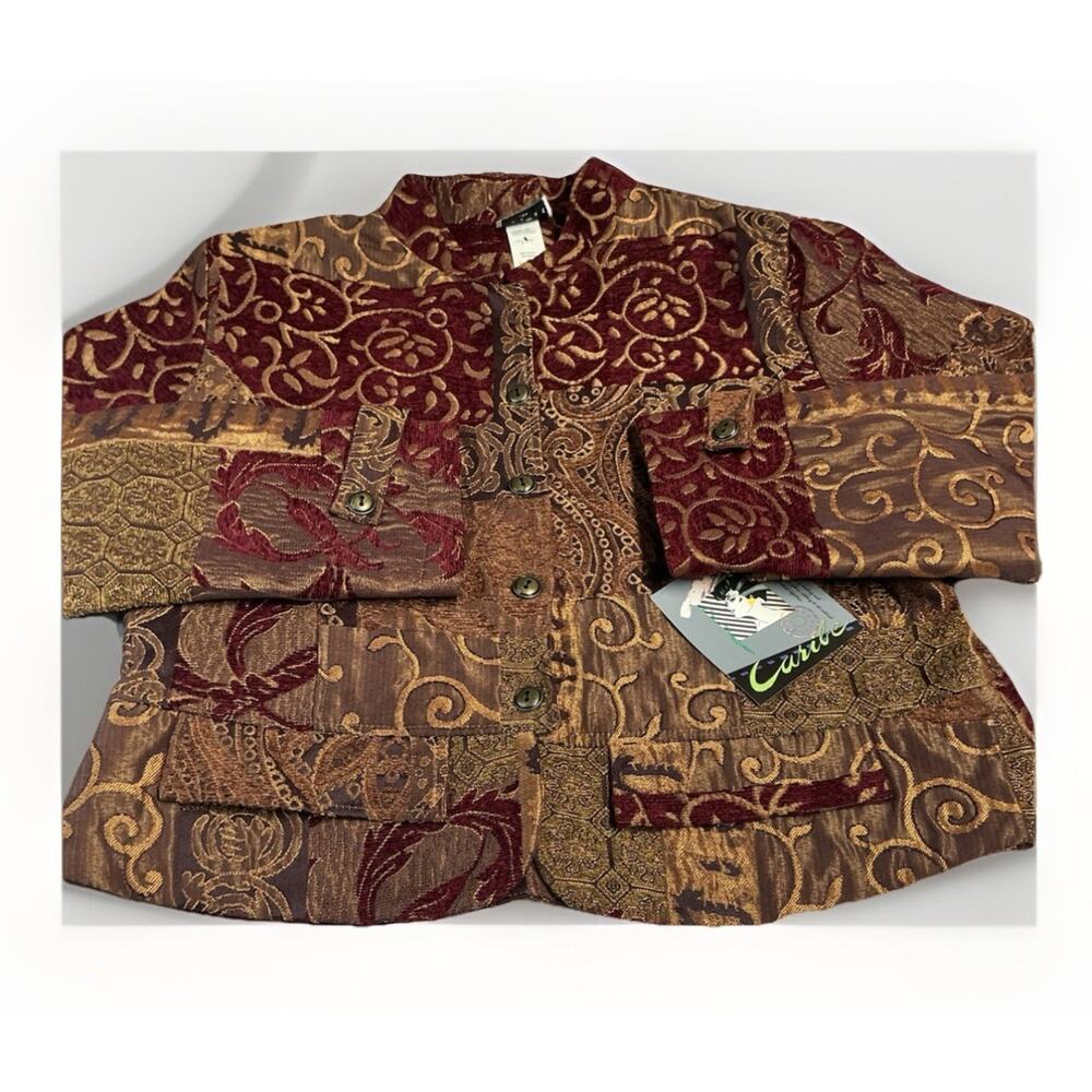 CARIBE Tapestry Damask Jacquard Blazer Women XL Burgundy Short Jacket Whimsical